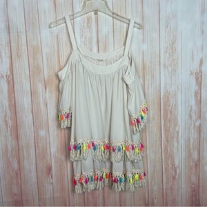 Luxe Moda Boho Tassel Fringe Tiered Blouse (L)